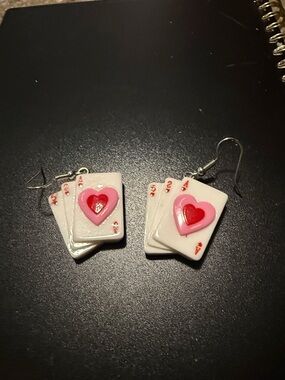Heart Ace Playing Card Dangle Earrings - White and Pink